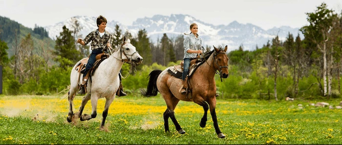 Confident plus-size woman riding Peterborough a horse through a field with a smile on her face.
